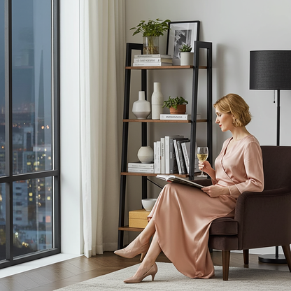 Elevate Rustic Wood & Metal 4-Tier Ladder Shelf Bookcase Storage Organizer