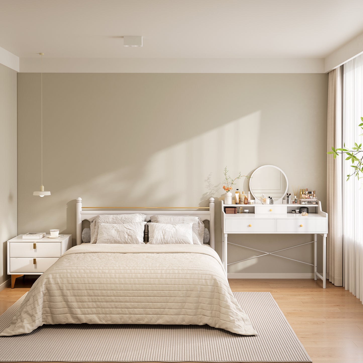 Grande Makeup Vanity Dressing Table with Round Mirror and Drawers White