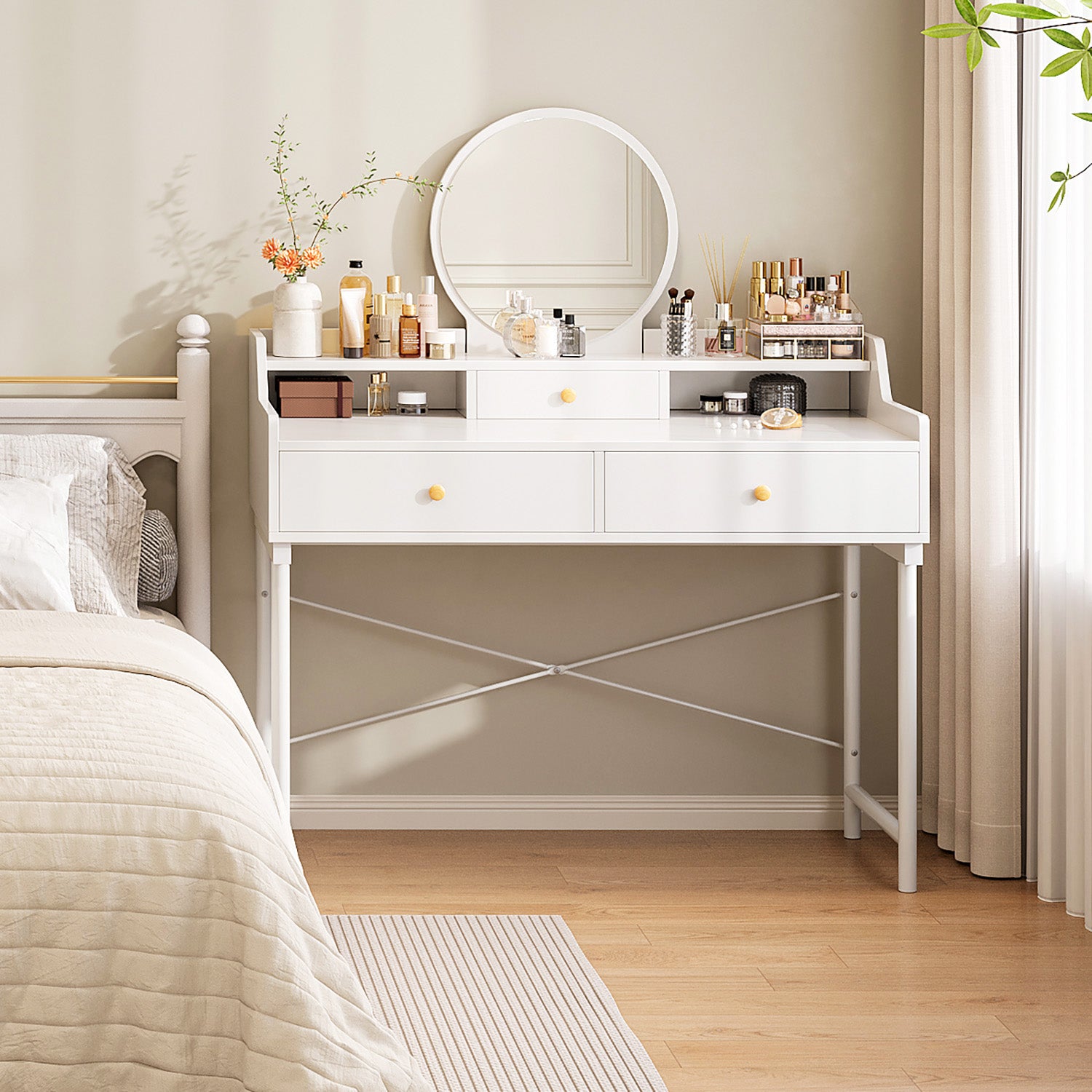 Royale Vanity Dressing Table with Round Mirror and Drawers White Royale Vanity Dressing Table with Round Mirror and Drawers White