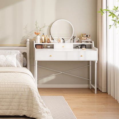 Royale Vanity Dressing Table with Round Mirror and Drawers White