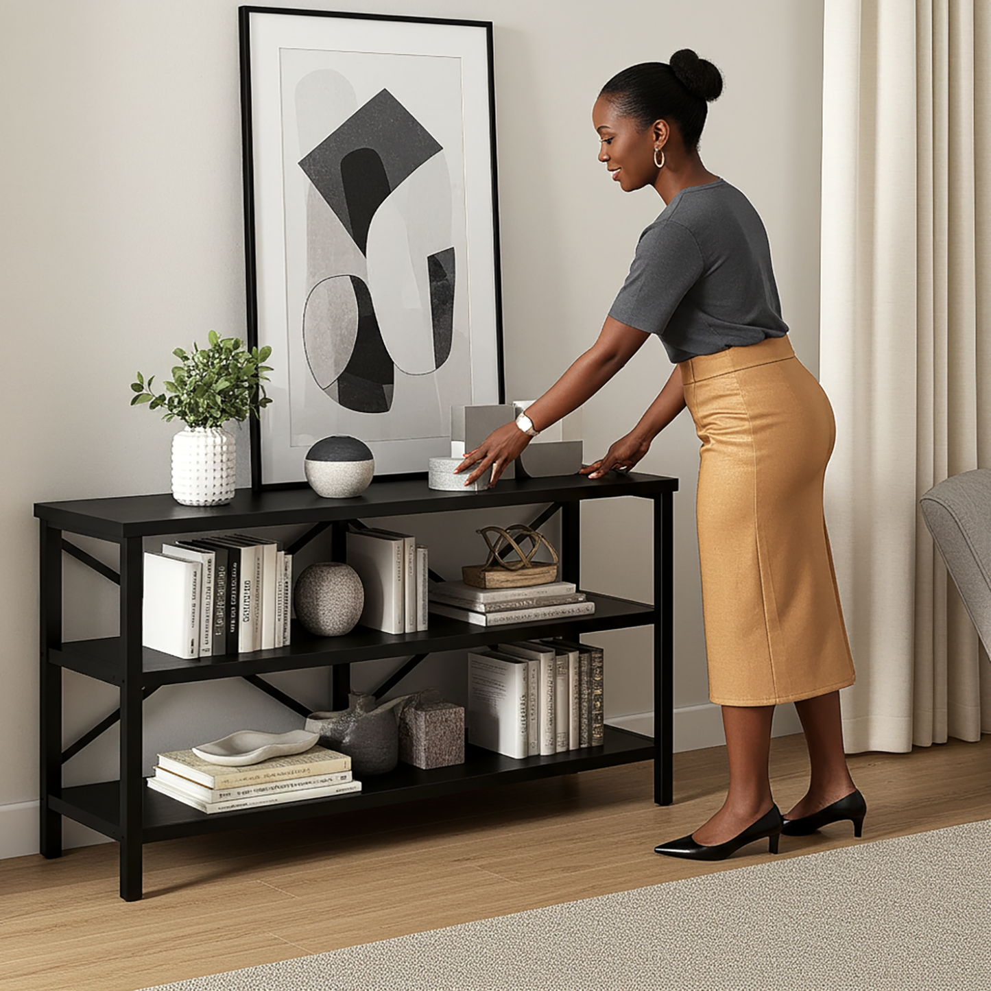 Serenity Industrial Console Table Bookcase TV Stand Storage Shelf Unit (Black)
