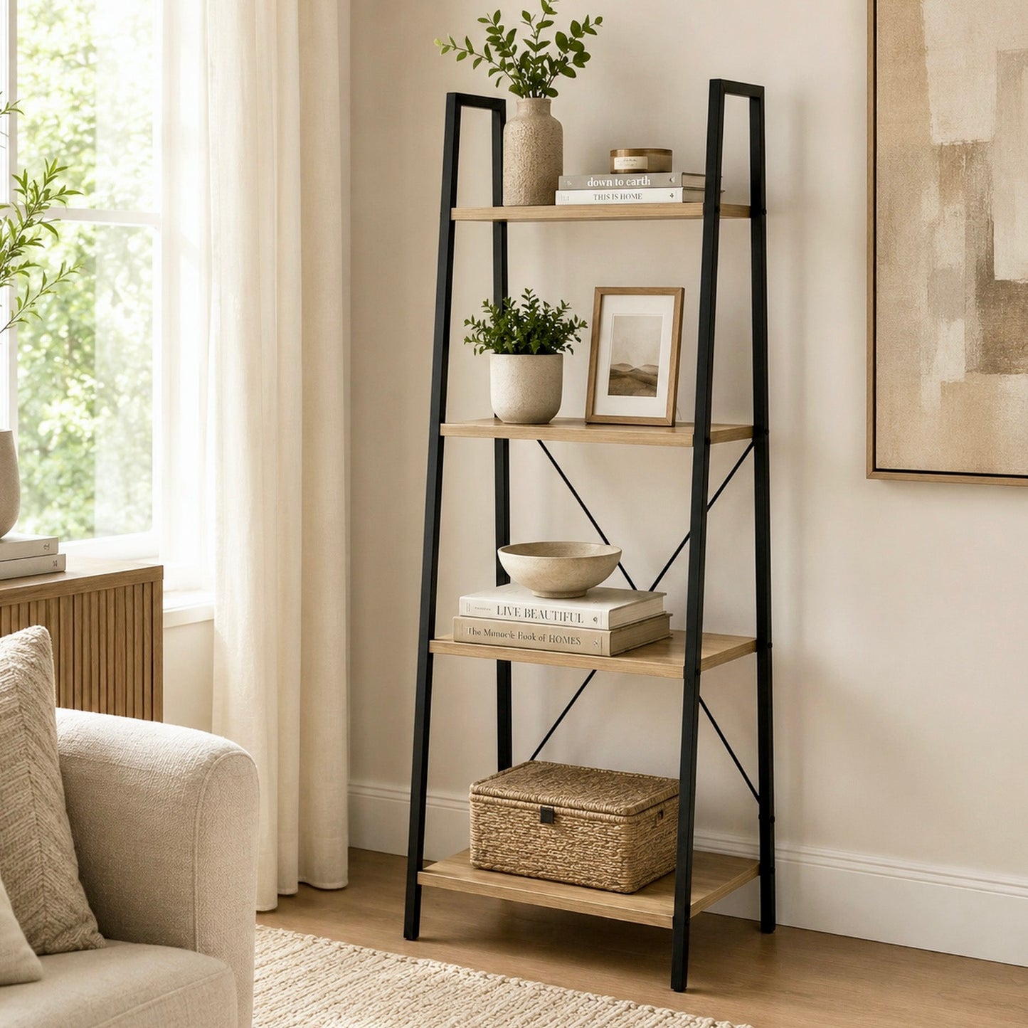 Elevate Rustic Oak 4-Tier Ladder Shelf Wood & Metal Bookcase Storage Organizer
