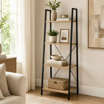 Elevate Rustic Oak 4-Tier Ladder Shelf Wood & Metal Bookcase Storage Organizer