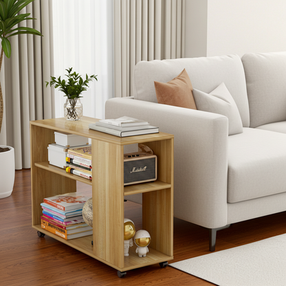 Versatile Sofa Side Table & Magazine Shelf with Casters (Oak)
