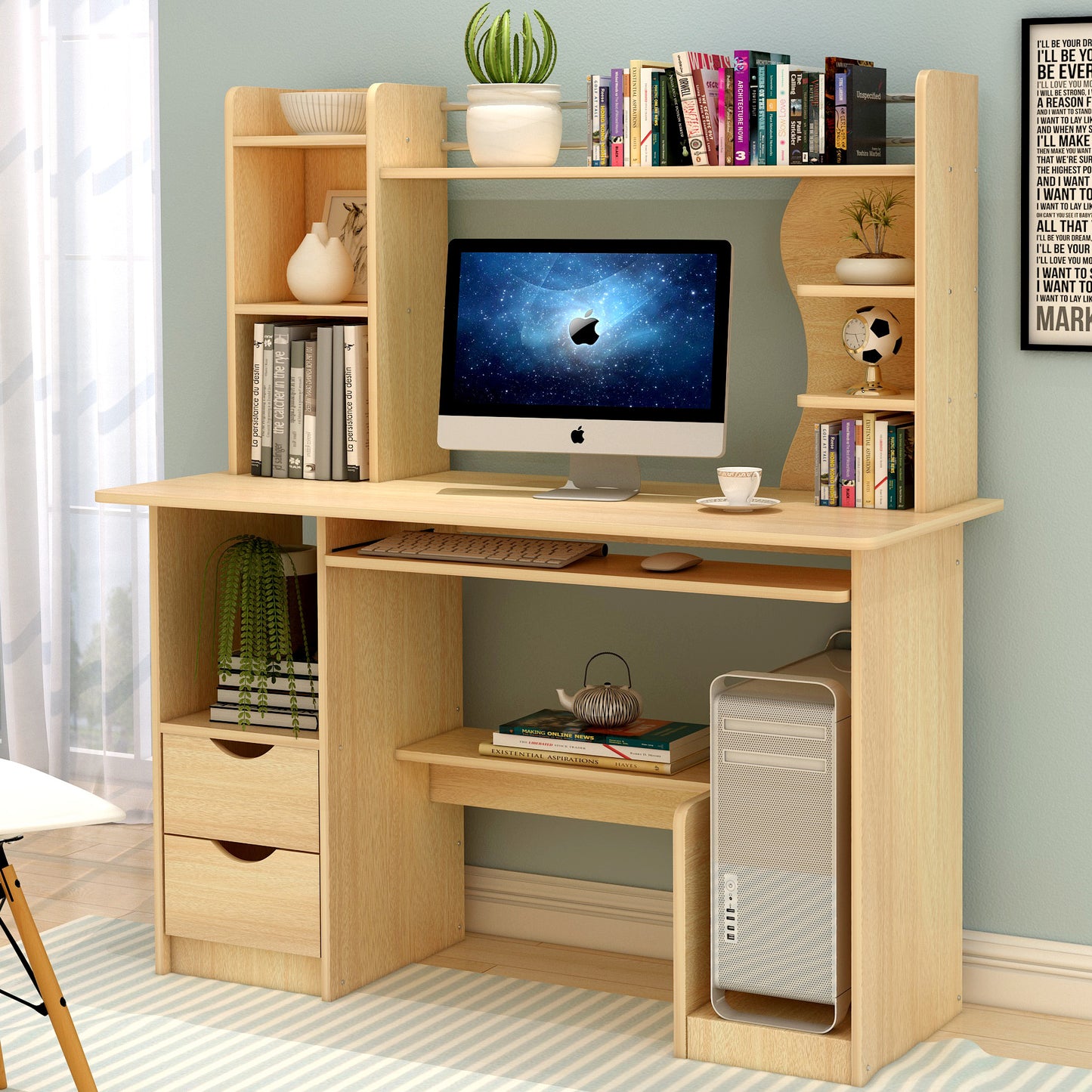 Expert Computer Desk Workstation with Shelf & Cabinet (Oak)
