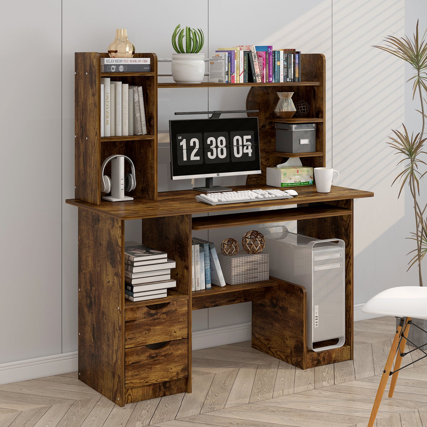 Expert Computer Desk Workstation with Shelf & Cabinet (Rustic Wood)