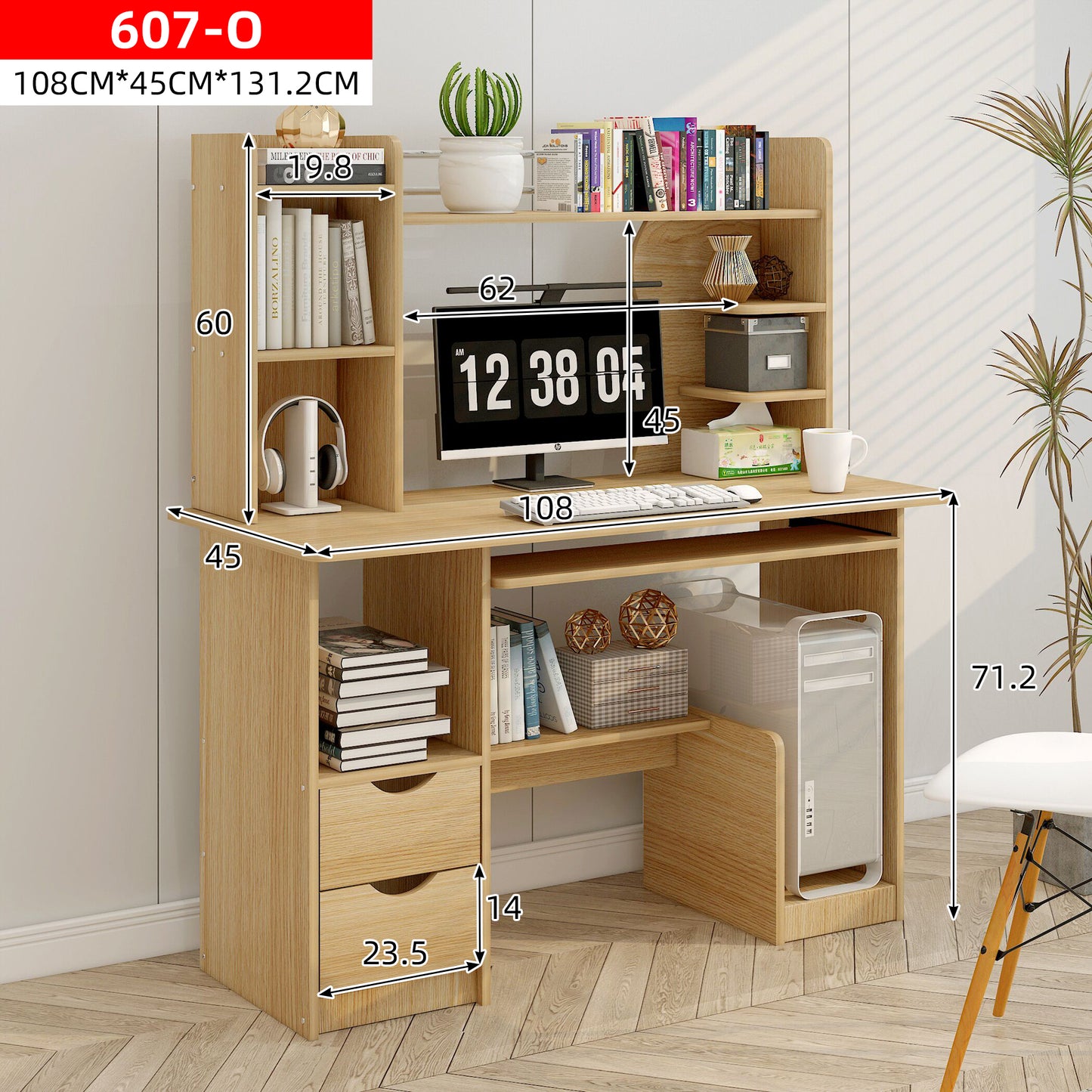 Expert Computer Desk Workstation with Shelf & Cabinet (Oak)