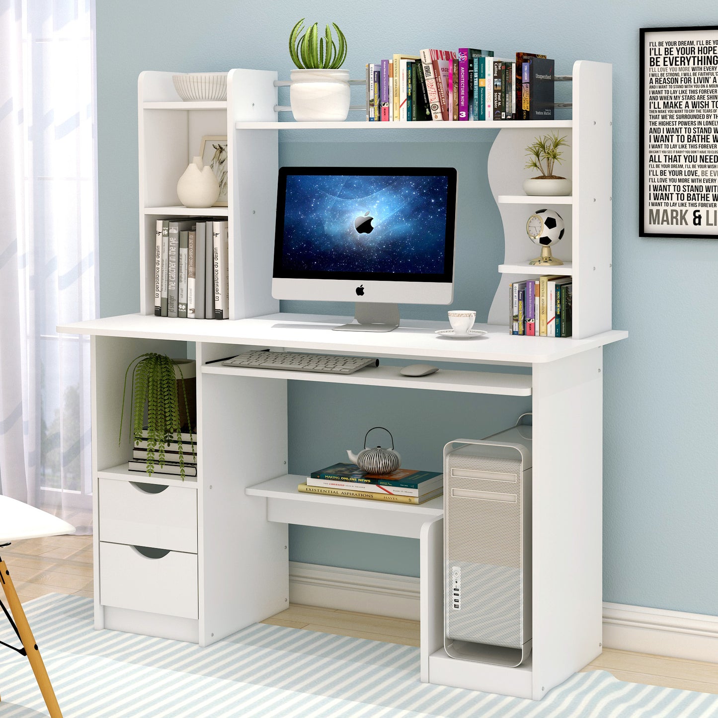 Expert Computer Desk Workstation with Shelf & Cabinet (White)