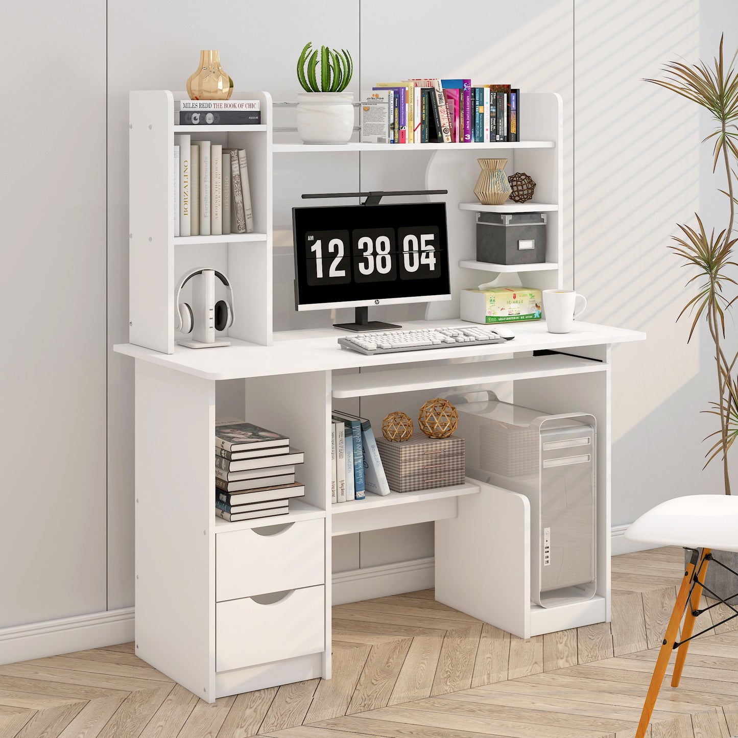 Expert Computer Desk Workstation with Shelf & Cabinet (White)