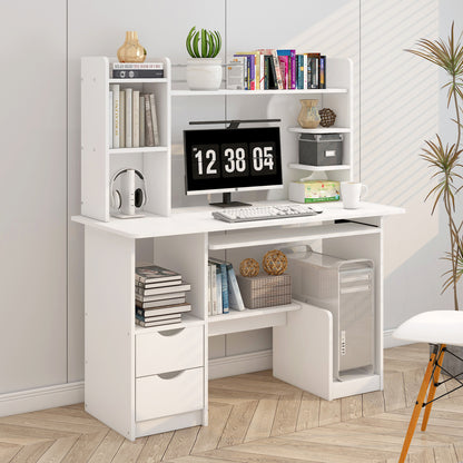Expert Computer Desk Workstation with Shelf & Cabinet (White)