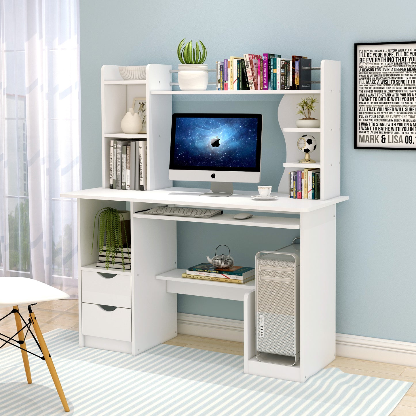 Expert Computer Desk Workstation with Shelf & Cabinet (White)