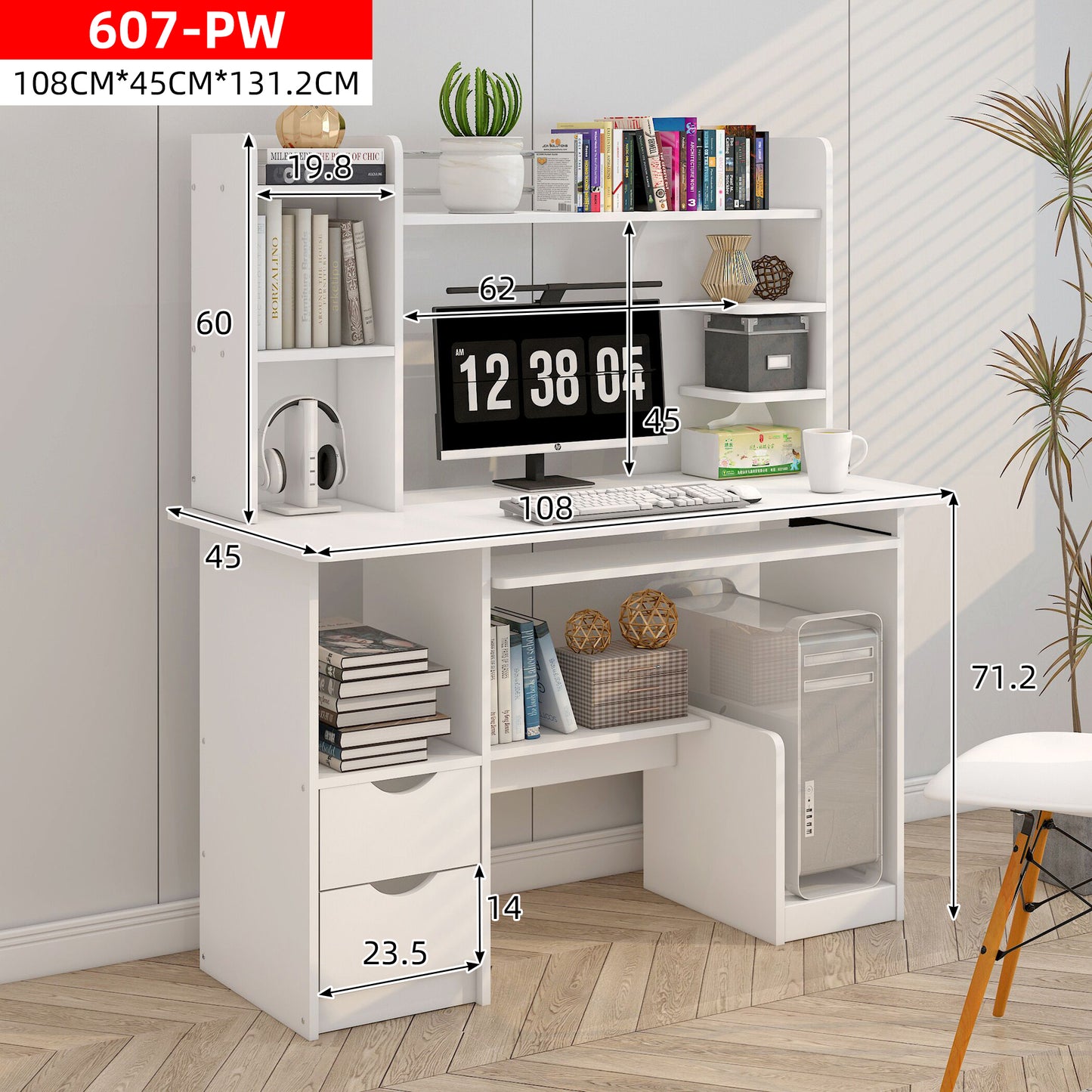 Expert Computer Desk Workstation with Shelf & Cabinet (White)