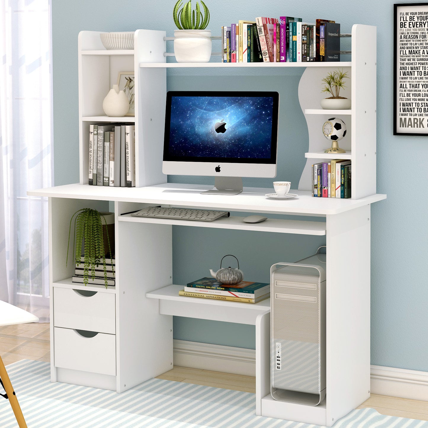 Expert Computer Desk Workstation with Shelf & Cabinet (White)