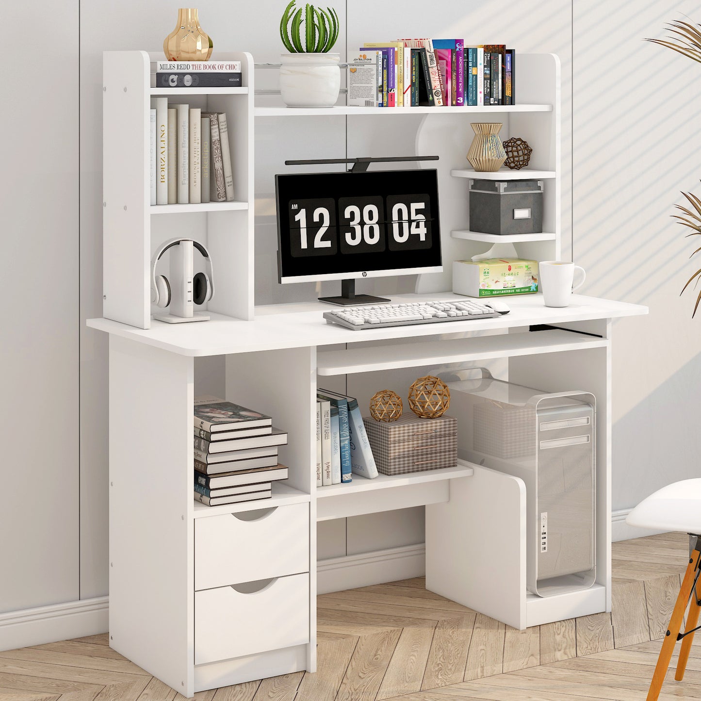 Expert Computer Desk Workstation with Shelf & Cabinet (White)