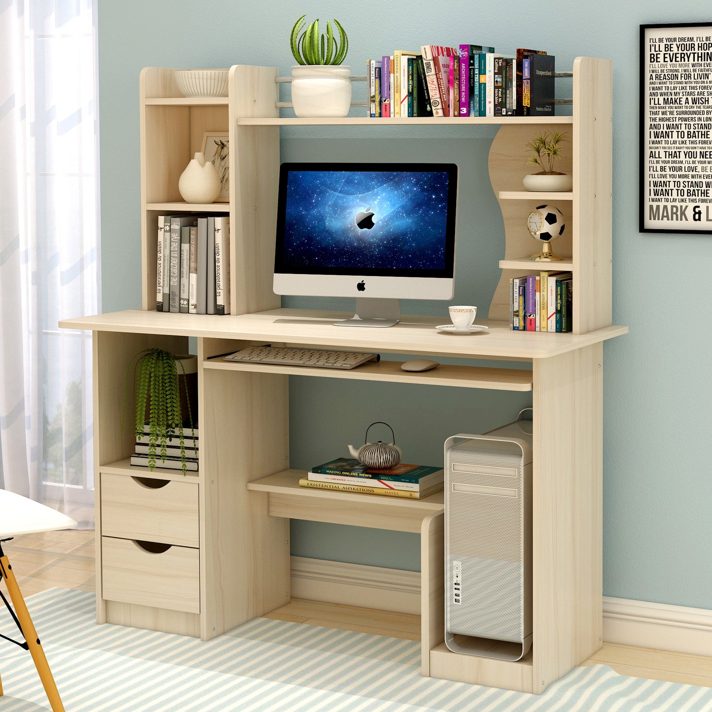 Expert Computer Desk Workstation with Shelf & Cabinet  (White Oak)