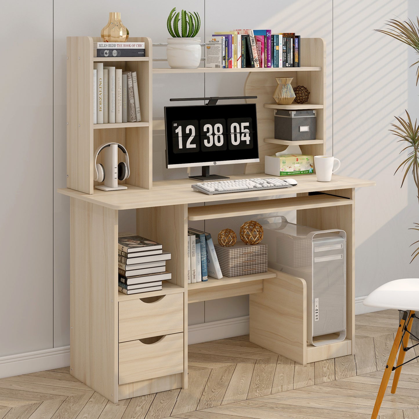 Expert Computer Desk Workstation with Shelf & Cabinet  (White Oak)