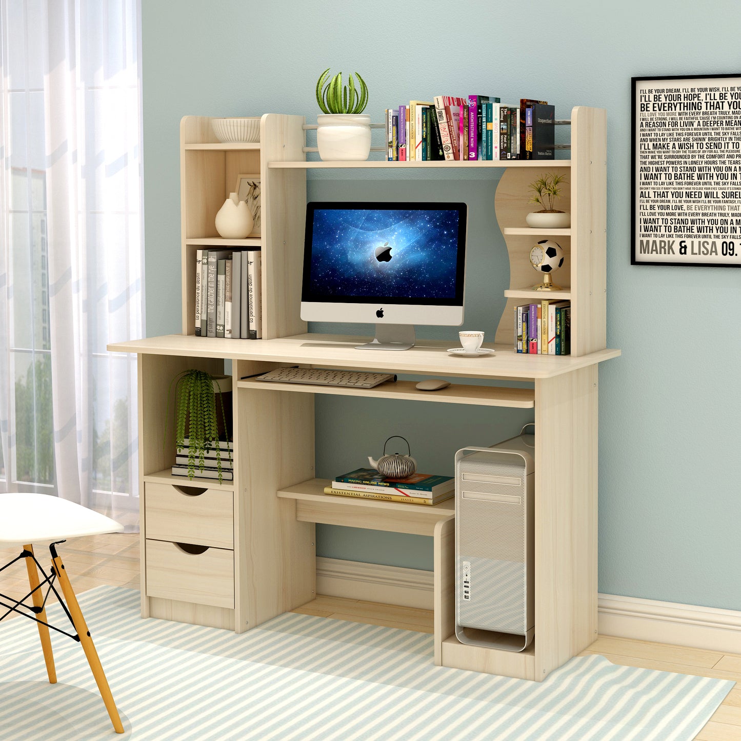 Expert Computer Desk Workstation with Shelf & Cabinet  (White Oak)