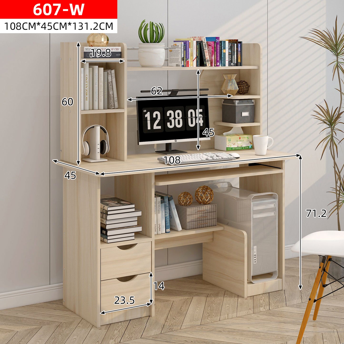 Expert Computer Desk Workstation with Shelf & Cabinet  (White Oak)