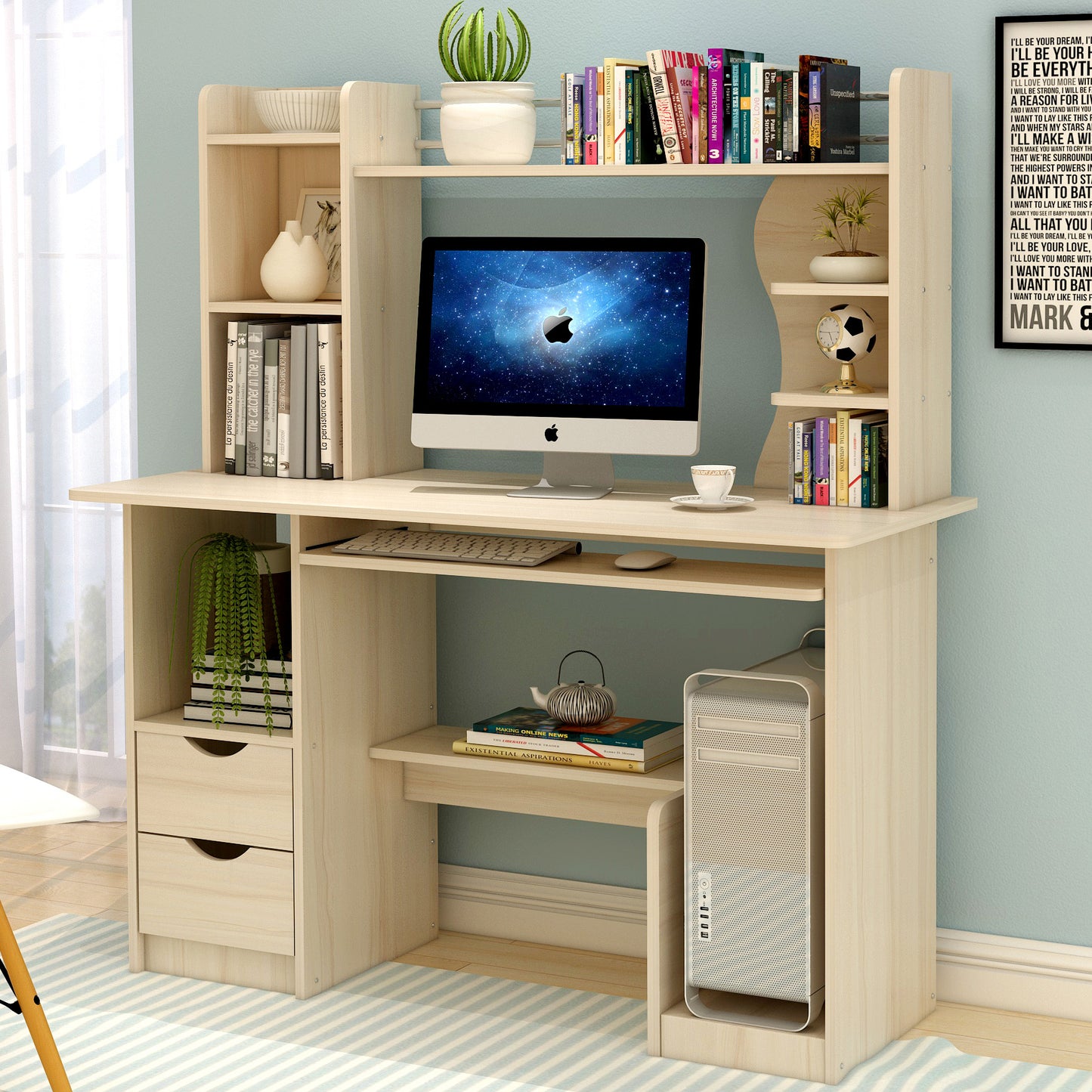 Expert Computer Desk Workstation with Shelf & Cabinet  (White Oak)