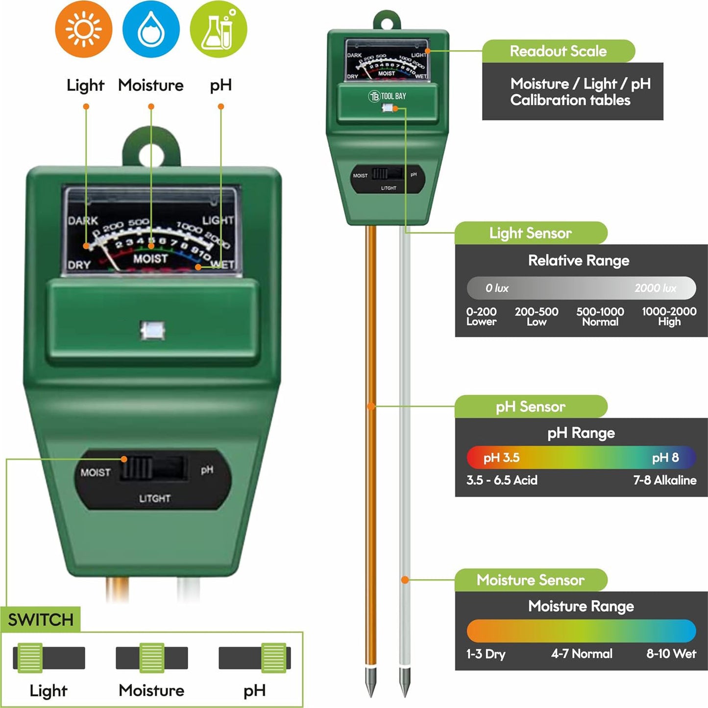 3 in 1 Soil Moisture / PH / Light Meter Plant Flower Test Kit Gardening Tool