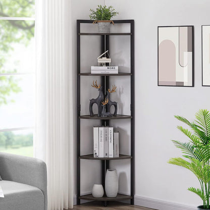 Optima 5 Tier Wood & Steel Corner Shelf Organizer Unit (Driftwood Grey)
