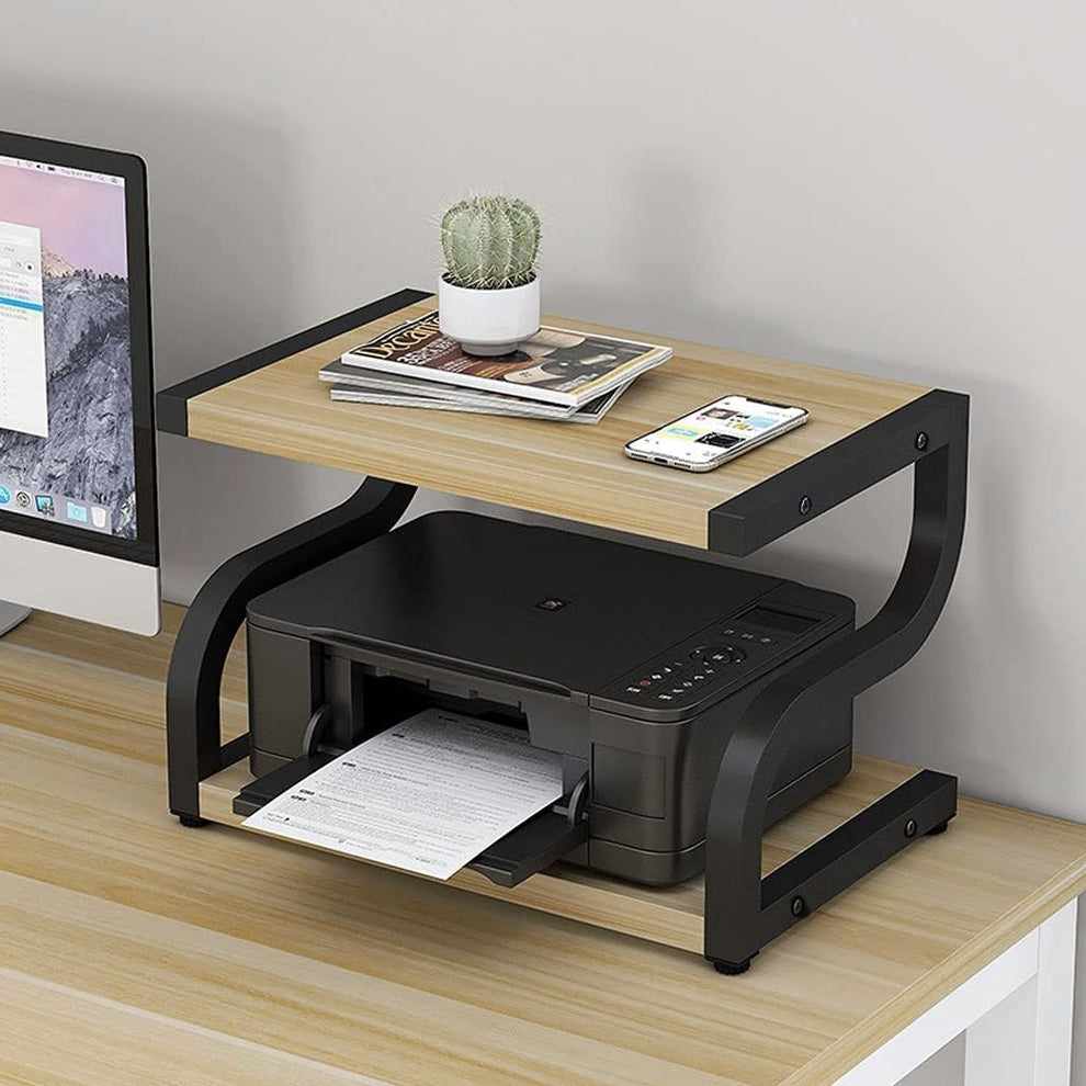 Deluxe Rustic Oak Desktop Shelf Wood & Steel Printer Stand Storage Rac