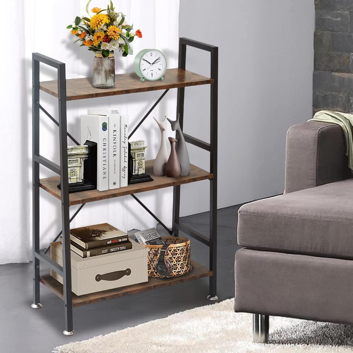 3 Tier Multifunction Heavy Duty Bookcase Rustic Wood & Steel Storage Shelf Organizer