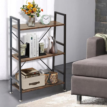 3 Tier Multifunction Heavy Duty Bookcase Rustic Wood & Steel Storage Shelf Organizer