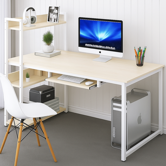 Genius Large Workstation Wood & Steel Computer Desk with Storage Shelves (White Oak)