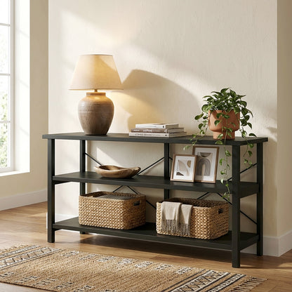 Serenity Industrial Console Table Bookcase TV Stand Storage Shelf Unit (Black)