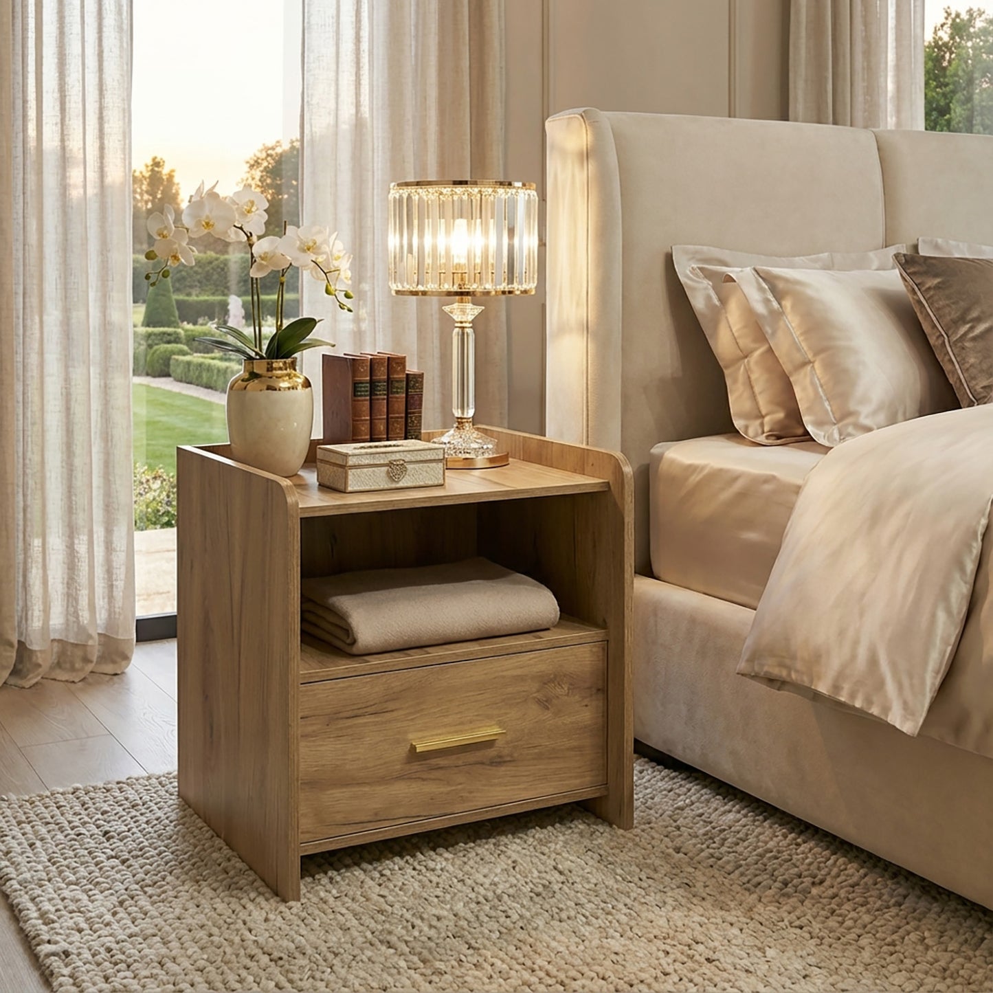 Serene Bedside Table Nightstand with Drawer (Rustic Oak)