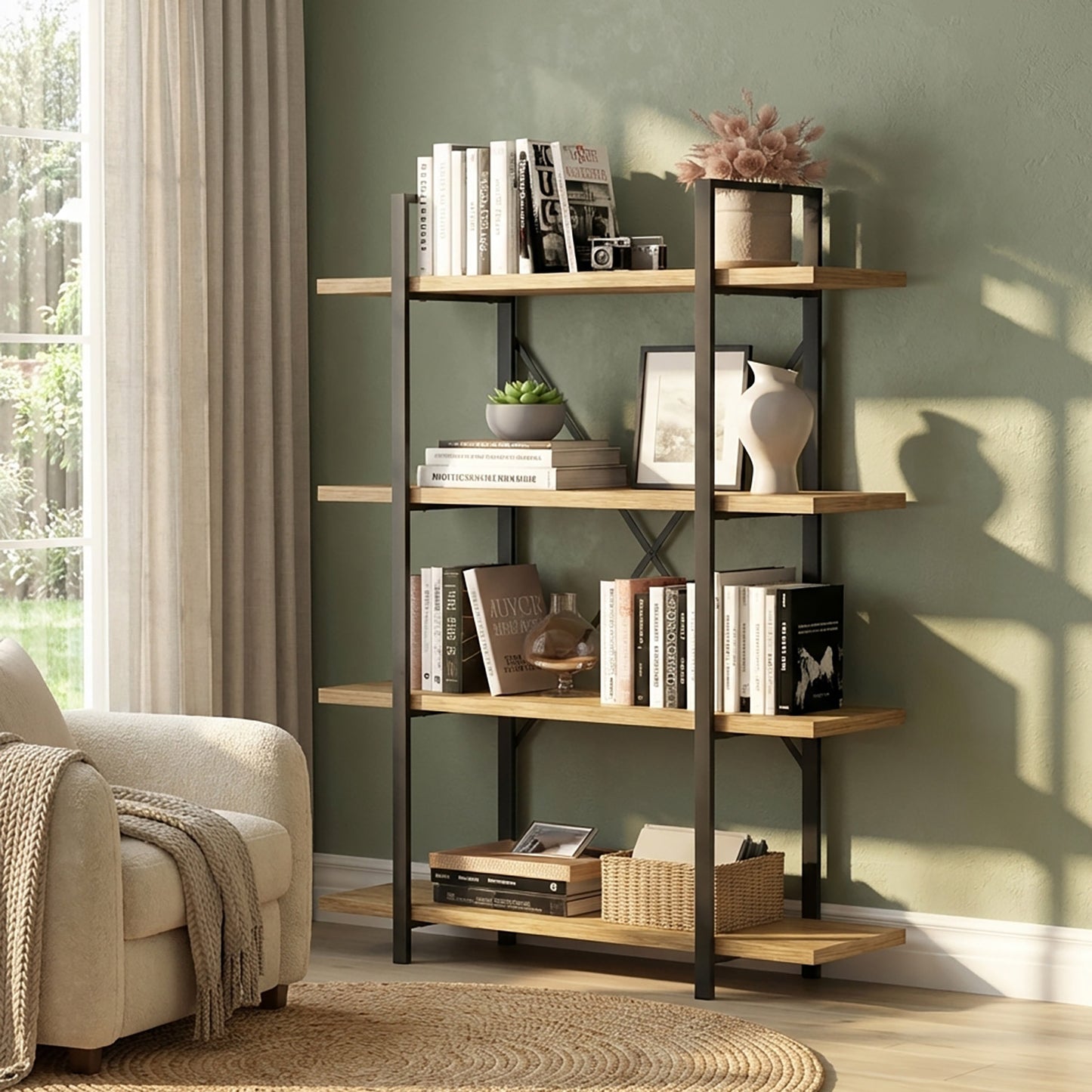 Envision Rustic Oak 4-Tier Bookcase Storage Shelf Organizer