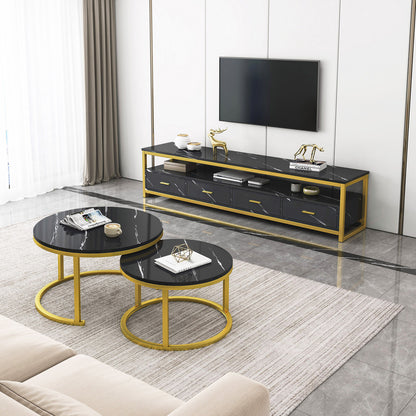 3-Piece Set Synergy Luxury Marble Look Coffee Table, TV Cabinet & Side Table (Black)