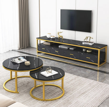 3-Piece Set Synergy Luxury Marble Look Coffee Table, TV Cabinet & Side Table (Black)