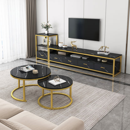 3-Piece Set Synergy Luxury Marble Look Coffee Table, TV Cabinet & Side Table (Black)