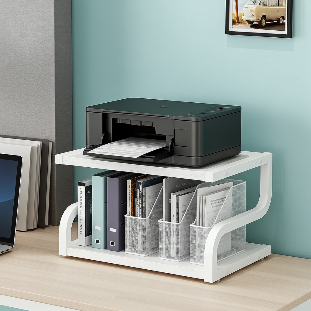 Deluxe Rustic Oak Desktop Shelf Wood & Steel Printer Stand Storage Rack Organizer (White)