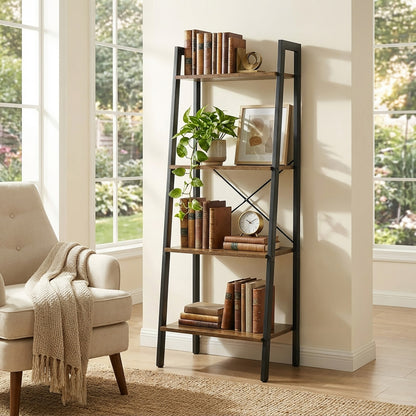 Elevate Rustic Wood & Metal 4-Tier Ladder Shelf Bookcase Storage Organizer