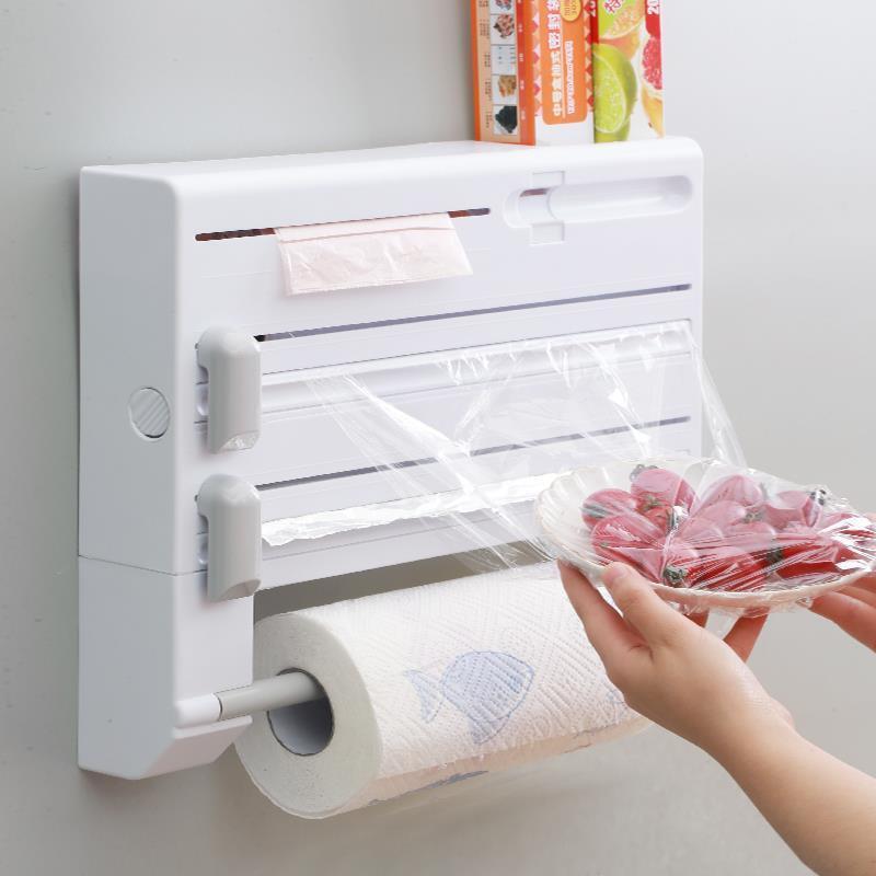 6 in 1 Kitchen Roll Dispenser Wall Holder Foil Film Paper Cutter Organiser Rack