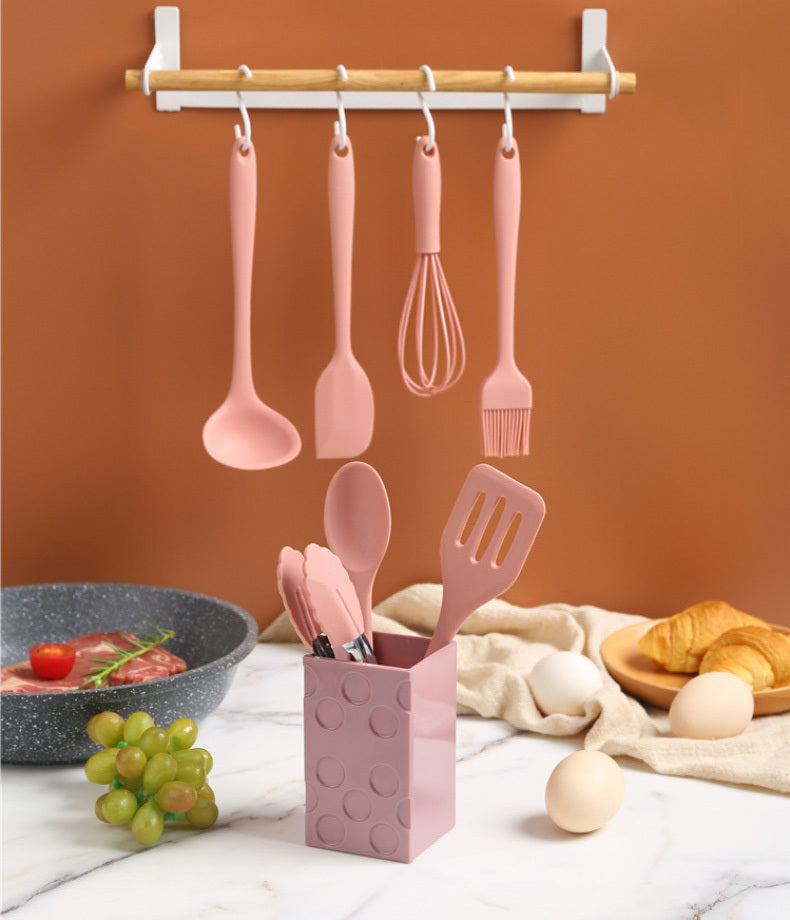 8PC Silicone Kitchen Cooking Utensil Set Non-stick Cookware Tools with Holder (Pink)