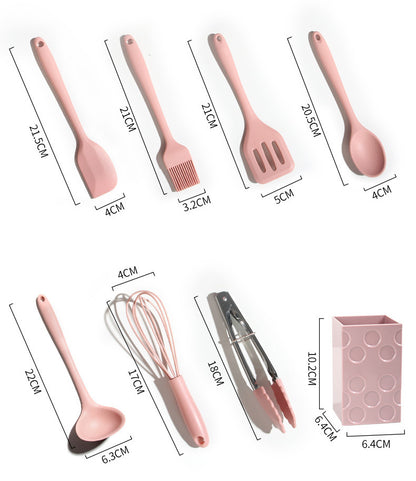 8PC Silicone Kitchen Cooking Utensil Set Non-stick Cookware Tools with Holder (Pink)