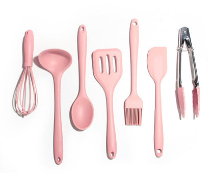 8PC Silicone Kitchen Cooking Utensil Set Non-stick Cookware Tools with Holder (Pink)