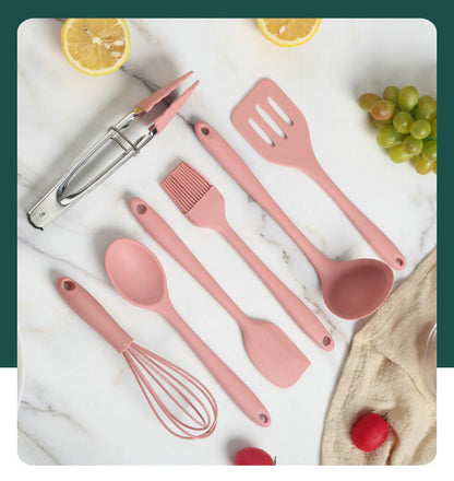 8PC Silicone Kitchen Cooking Utensil Set Non-stick Cookware Tools with Holder (Pink)