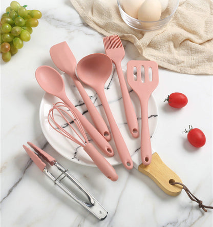 8PC Silicone Kitchen Cooking Utensil Set Non-stick Cookware Tools with Holder (Pink)