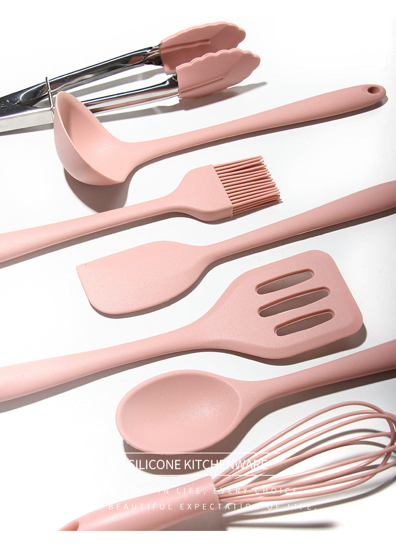 8PC Silicone Kitchen Cooking Utensil Set Non-stick Cookware Tools with Holder (Pink)