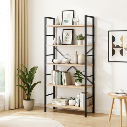 5 Tier Multifunction Heavy Duty Bookcase Wood & Steel Storage Shelf Organizer (Coastal Oak)