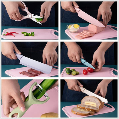 7 PCS Deluxe Eco-friendly Pastel Colourful Kitchen Utensil Knife Cutting Board Set