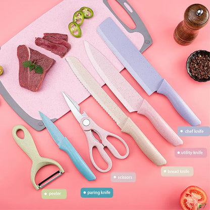 7 PCS Deluxe Eco-friendly Pastel Colourful Kitchen Utensil Knife Cutting Board Set