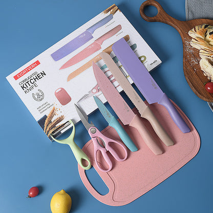 7 PCS Deluxe Eco-friendly Pastel Colourful Kitchen Utensil Knife Cutting Board Set