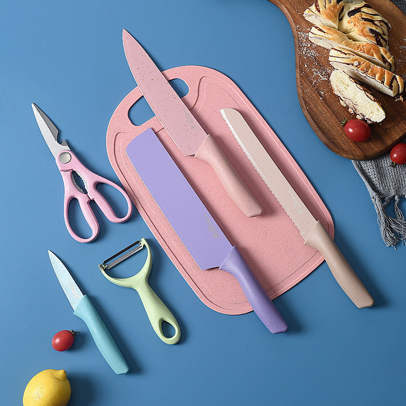 7 PCS Deluxe Eco-friendly Pastel Colourful Kitchen Utensil Knife Cutting Board Set