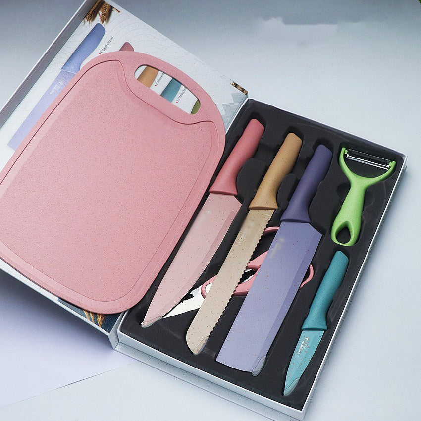 7 PCS Deluxe Eco-friendly Pastel Colourful Kitchen Utensil Knife Cutting Board Set